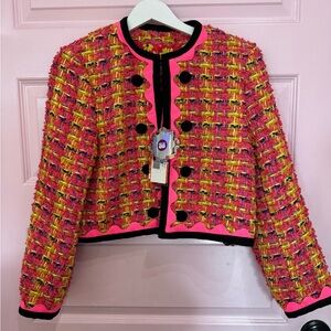 Celia B Chic Vibrant Pink and Yellow Tweed Blazer NWT